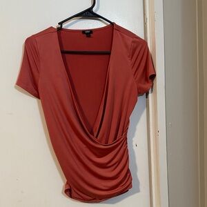 Express Terracotta Draped V-Neck Blouse. Size S